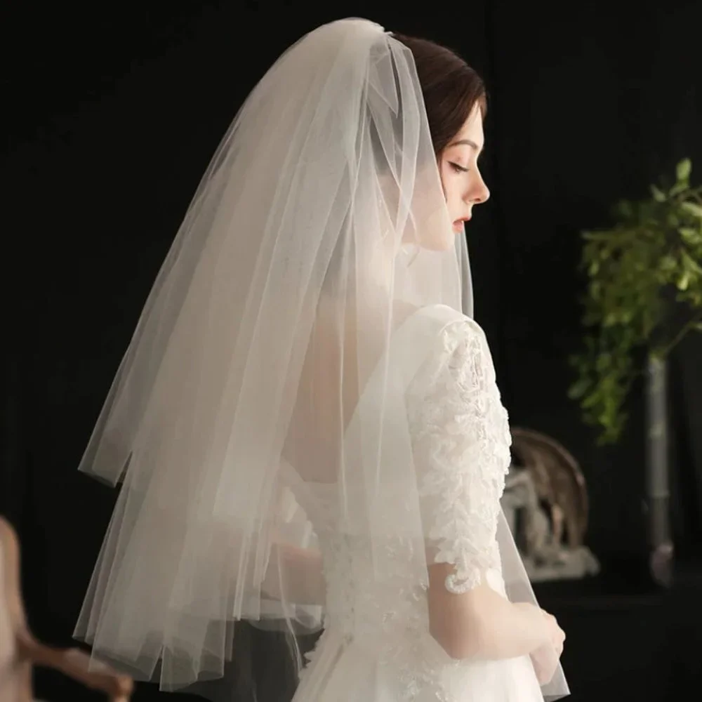 Wedding veil bridal elbow medium length layered simple white beautiful elegant